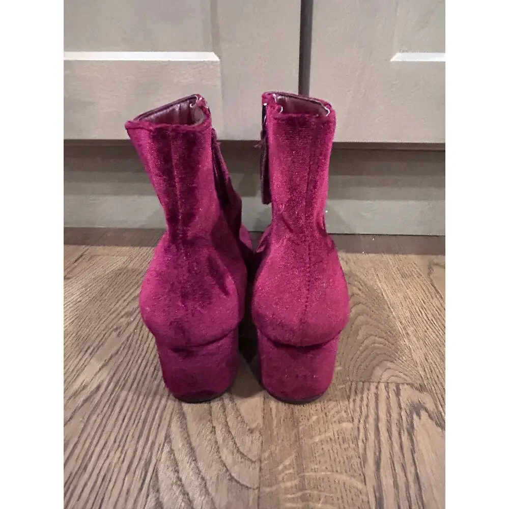 Burgundy Velvet Ankle Boots Low Block Heel Maroon Booties Fall Aesthetic 10 Cozy